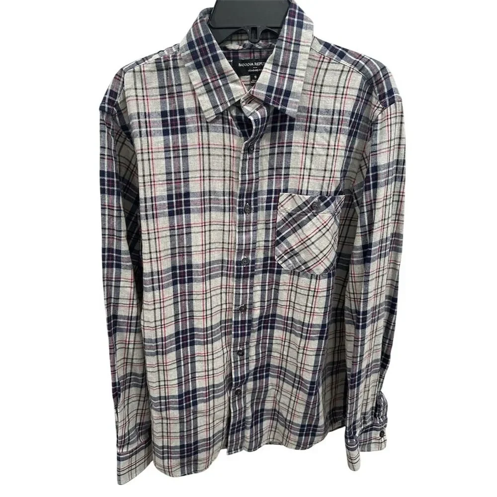 Banana Republic Men's Plaid Button-Up Shirt Multicolor Size S Standard Gray‎